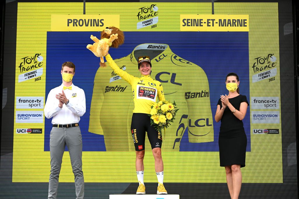 Marianne Vos in the Tour de France Femmes yellow jersey