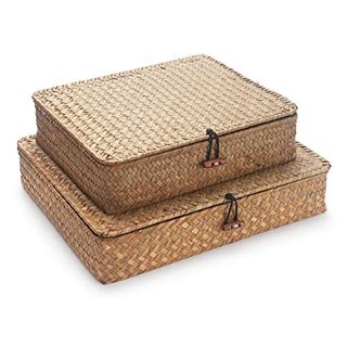 Seagrass Storage Basket Box With Lid Rectangular Woven Shelf Baskets Bins for Organize Snack Toys Set of 2 Natural Decorative(large+small)