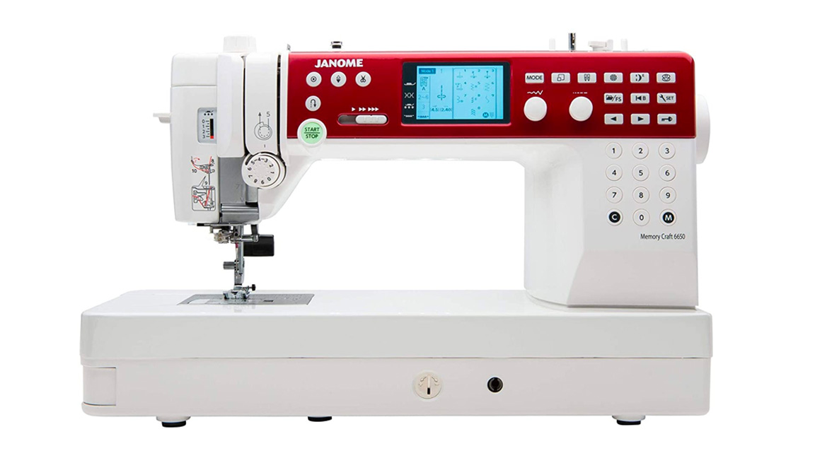 Best Sewing Machines For Quilting;  a large white sewing machine with a red top