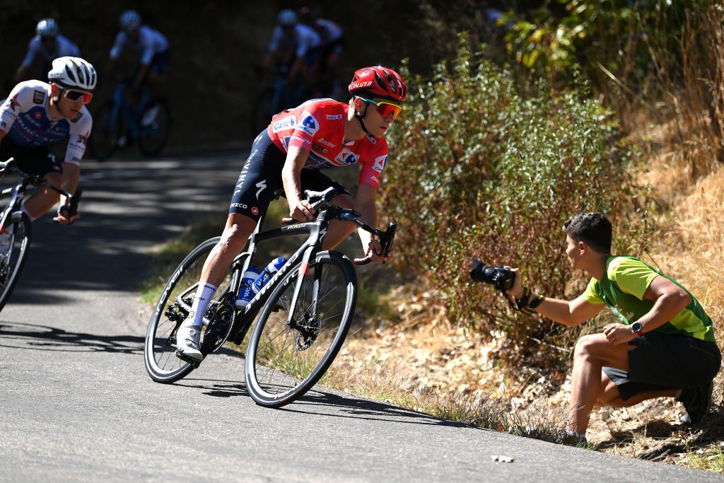 TALAVERA DE LA REINA SPAIN SEPTEMBER 09 Remco Evenepoel of Belgium and Team QuickStep Alpha Vinyl Red Leader Jersey competes during the 77th Tour of Spain 2022 Stage 19 a 1383km stage from Talavera de la Reina to Talavera de la Reina LaVuelta22 WorldTour on September 09 2022 in Talavera de la Reina Spain Photo by Justin SetterfieldGetty Images