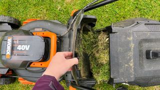 Worx WG743 POWER SHARE 40-Volt 17 in. Cordless Mower being tested in writer's home