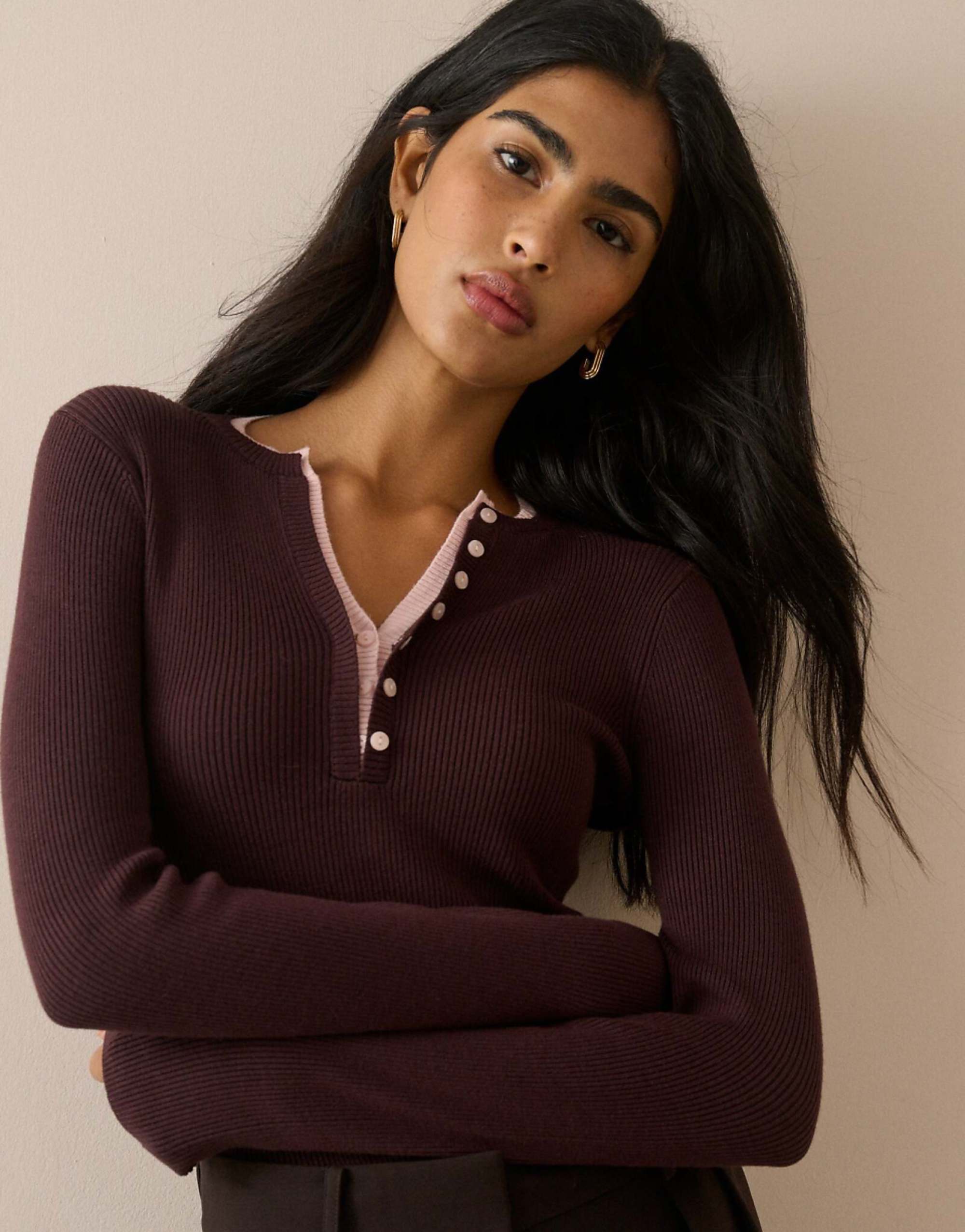 Nobodys Child Double Layer Rib Henley Top in Brown