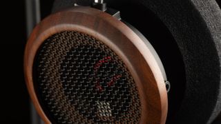 Grado Signature S950 headphones close-up of the wood finish and mesh earcup rear