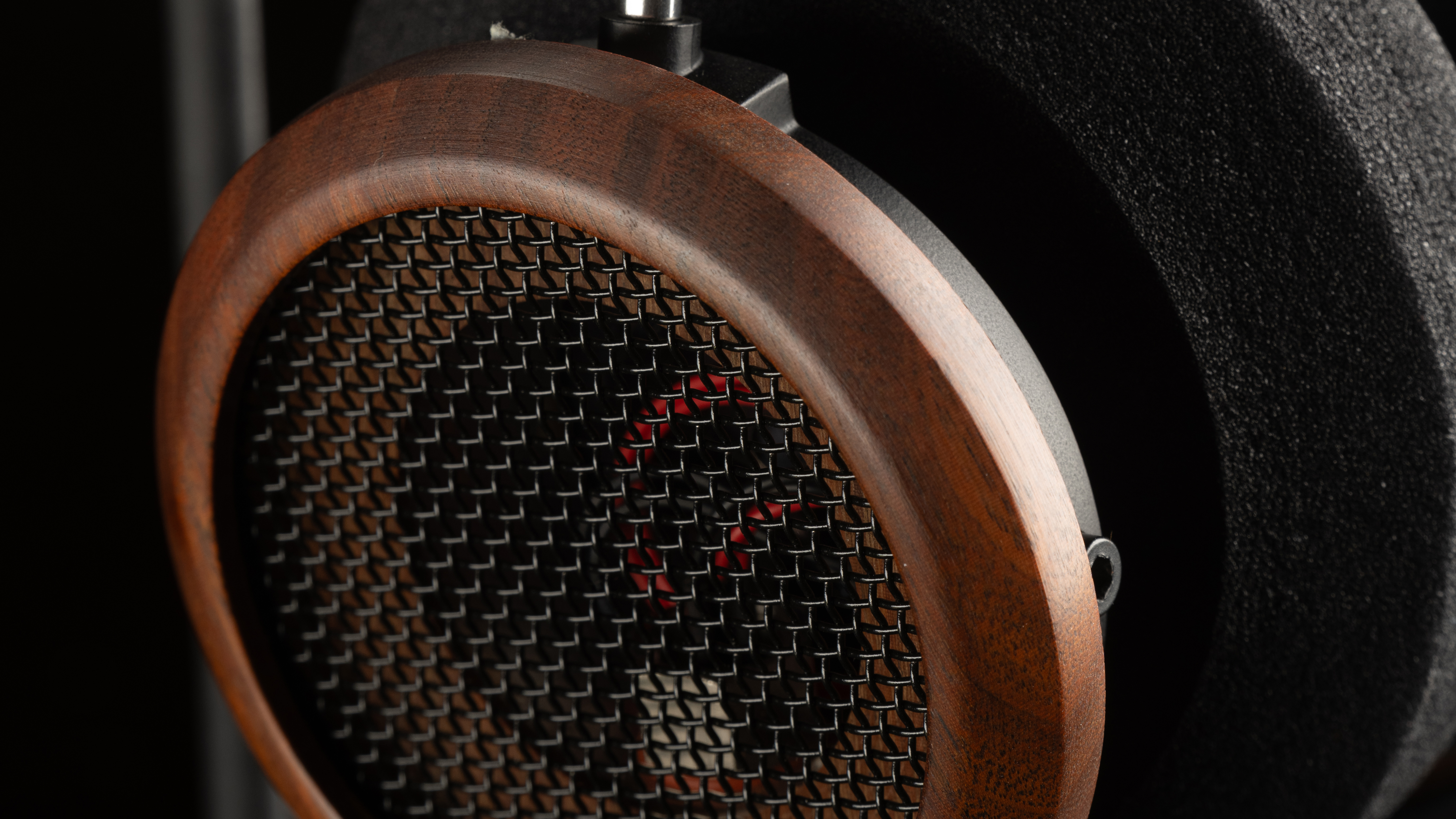 Grado Signature S950 headphones close-up of the wood finish and mesh earcup rear