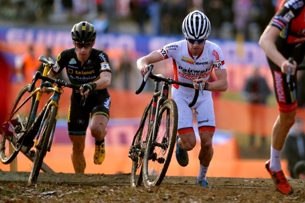 TABOR CZECH REPUBLIC NOVEMBER 16 Lars Van Der Haar of The Netherlands and Team Telenet Baloise Lions Eli Iserbyt of Belgium and Team Pauwel Sauzen Bingoal during the 23rd Tabor World Cup 2019 Men Elite UCICX TelenetUCICXWC on November 16 2019 in Tabor Czech Republic Photo by Luc ClaessenGetty Images