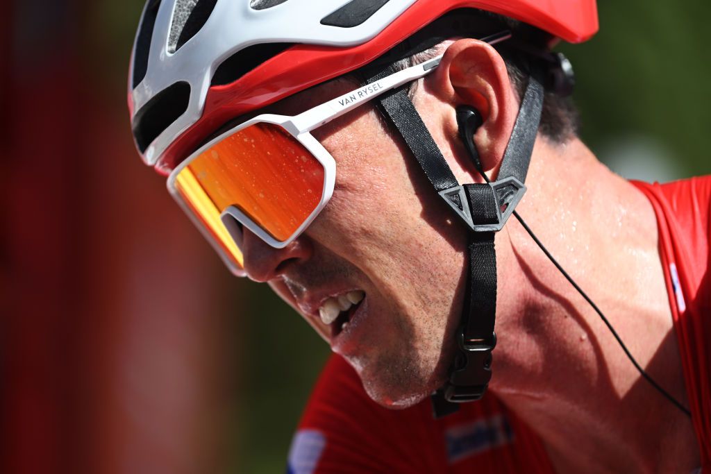 CAZORLA SPAIN AUGUST 24 Ben OConnor of Australia and Team Decathlon AG2R La Mondiale Red Leader Jersey crosses the finish line during the La Vuelta 79th Tour of Spain 2024 Stage 8 a159km stage from Ubeda to Cazorla 1056m UCIWT on August 24 2024 in Cazorla Spain Photo by Dario BelingheriGetty Images