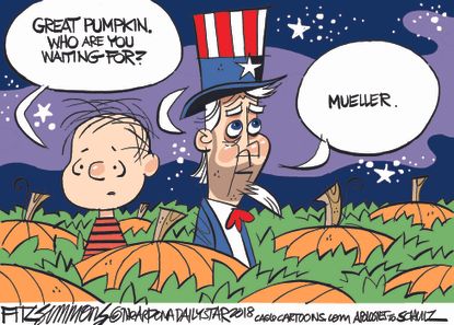 Political cartoon U.S. Halloween Great Pumpkin Charlie Brown Robert Mueller investigation Trump
