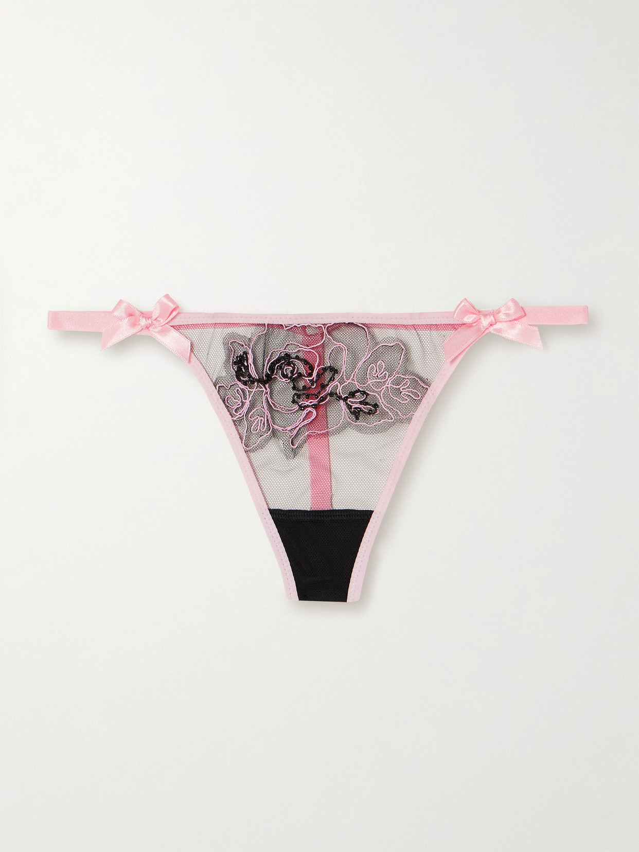 Lindie Satin-Trimmed Embellished Embroidered Tulle Thong
