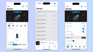 three screenshots from the shure motiv video and shure motiv audio apps showing library, polar patterns, and mic settings