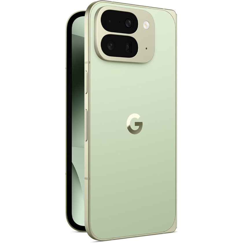 Google Pixel 10 Pro Fold in green mostly closed showing the back cameras and a small sliver of the internal display