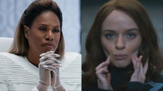 Laverne Cox as Dr. Cable in white gloves and Joey King looking in mirror, pursing lips in Uglies