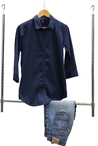 Simple Adjustable Closet Hanging Rod in chrome, showing a blue denim shirt on a hanger and a pair of light blue jeans folded over the horizontal rail