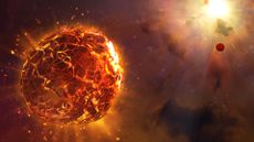 a star explodes in deep space, rendering a nearby planet to flaming gravel