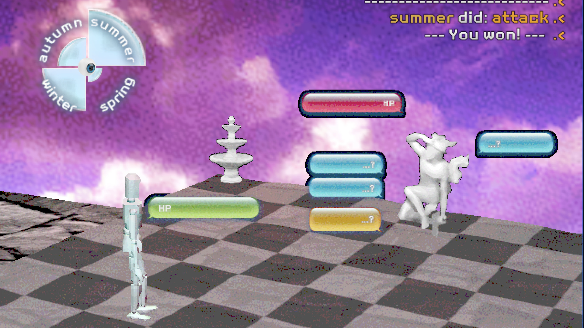 Vapourwave battle between an artist's mannequin and a statue.
