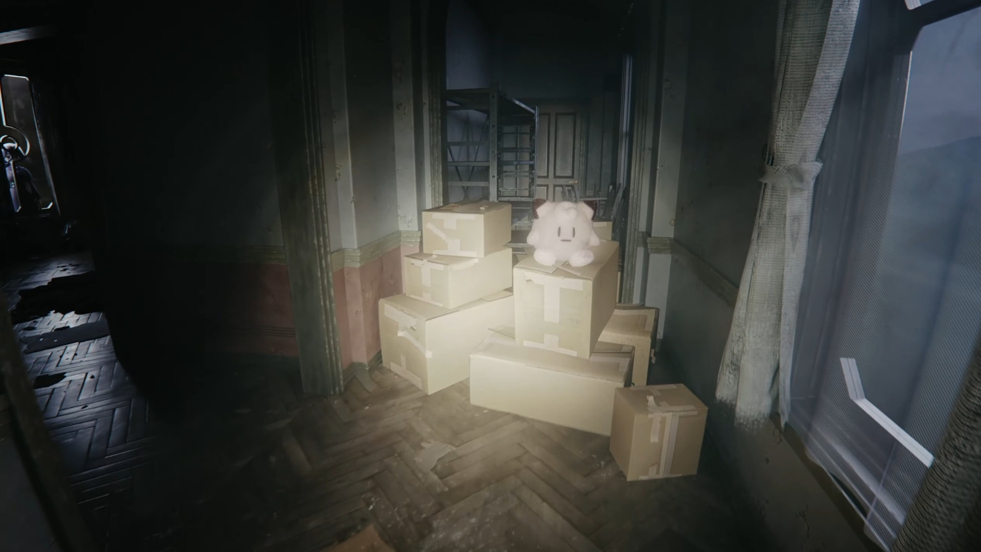 A pokedoll is sat on cardboard boxes in a dark and scary hallway in the Pokemon Legends: Z-A Mega Victreebel reveal trailer