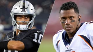 Jimmy Garoppolo of the Las Vegas Raiders and Russell Wilson of the Denver Broncos
