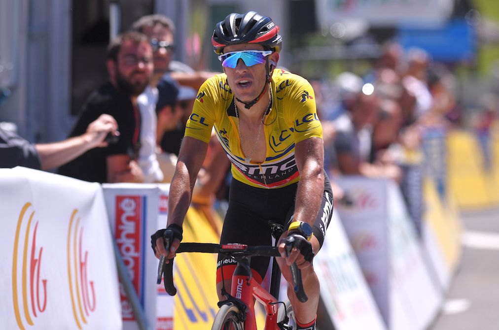 Richie Porte crossing the finish line on stage 8 of the Crit&eacute;rium du Dauphin&eacute;