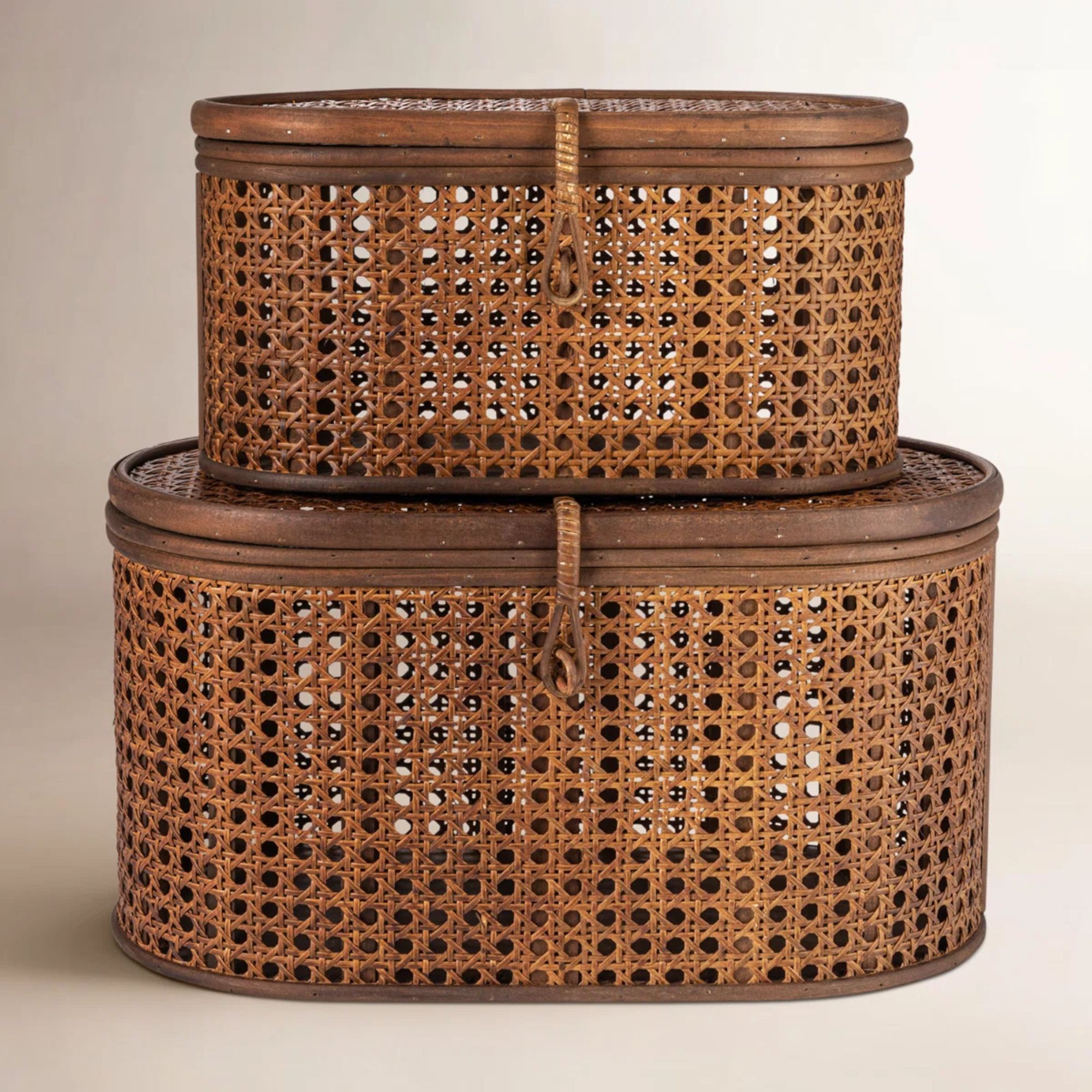 Lidded rattan storage bins