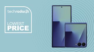 Samsung Galaxy Z Fold 7 and Flip 7 on blue background with lowest price text overlay