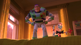 Buzz Lightyear standing on Bonnie's bed with his hands on his hips with Forky and Karen Beverly behind him in Toy Story 5