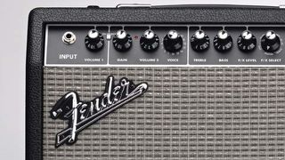 Fender Super Champ X2 review: close up of Fender logo on a silver grillcloth
