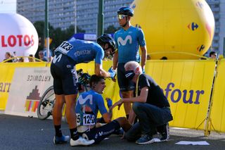 KATOWICE POLAND AUGUST 05 Arrival Eduard Prades Reverte of Spain and Movistar Team Lluis Mas Bonet of Spain and Movistar Team Jorge Arcas Pea of Spain and Movistar Team Crash during the 77th Tour of Poland 2020 Stage 1 a 1958km stage from Silesian StadiumChorzw to SpodekKatowice TourdePologne tdp20 on August 05 2020 in Katowice Poland Photo by Luc ClaessenGetty Images