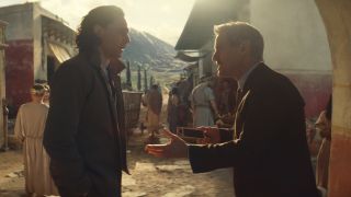 Tom Hiddleston and Owen Wilson have an impassioned conversation while in Pompeii in Loki - S1 E2 The Variant.