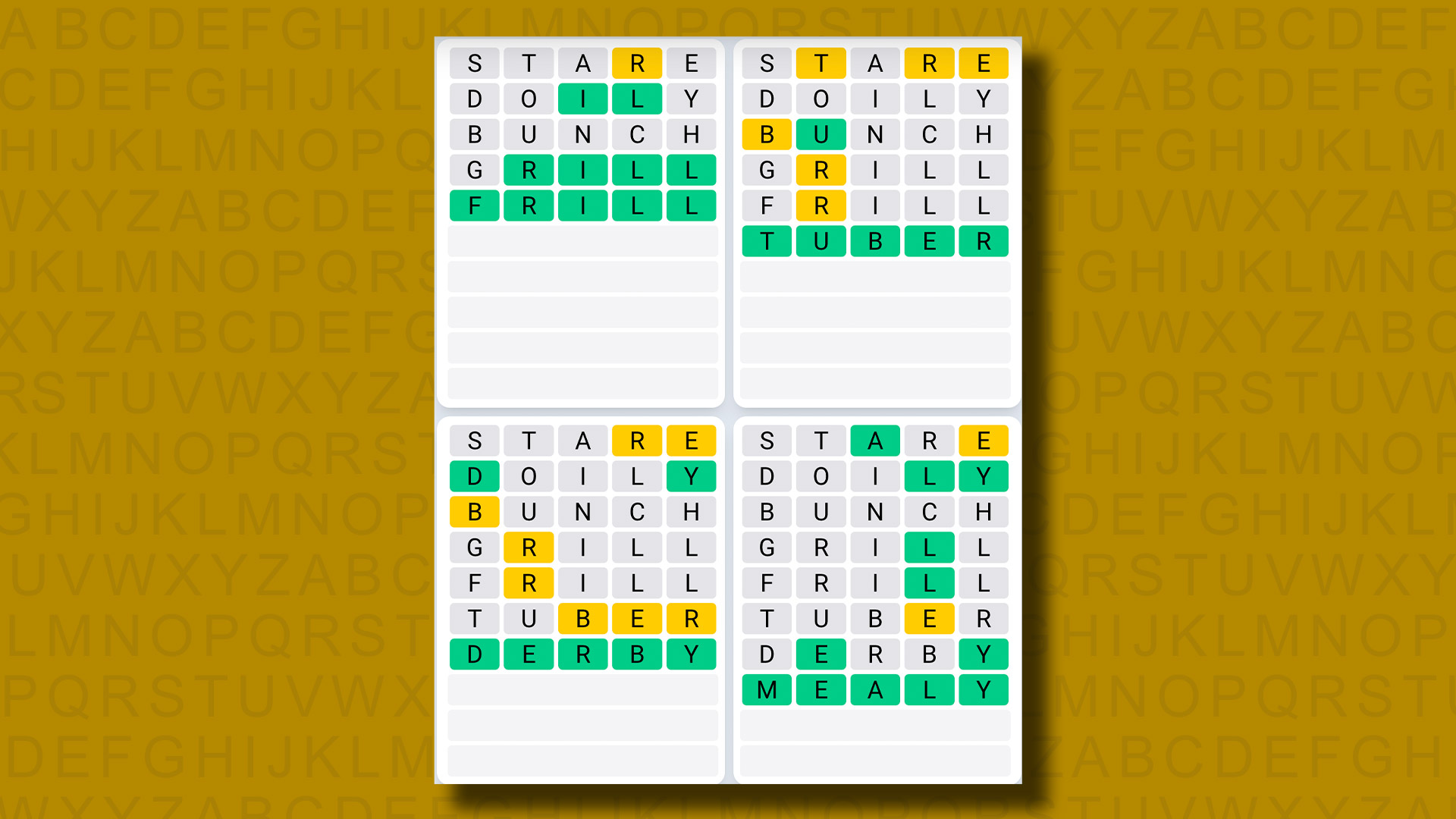 Ежедневная последовательность ответов Quordle для игры 824 на желтом фоне