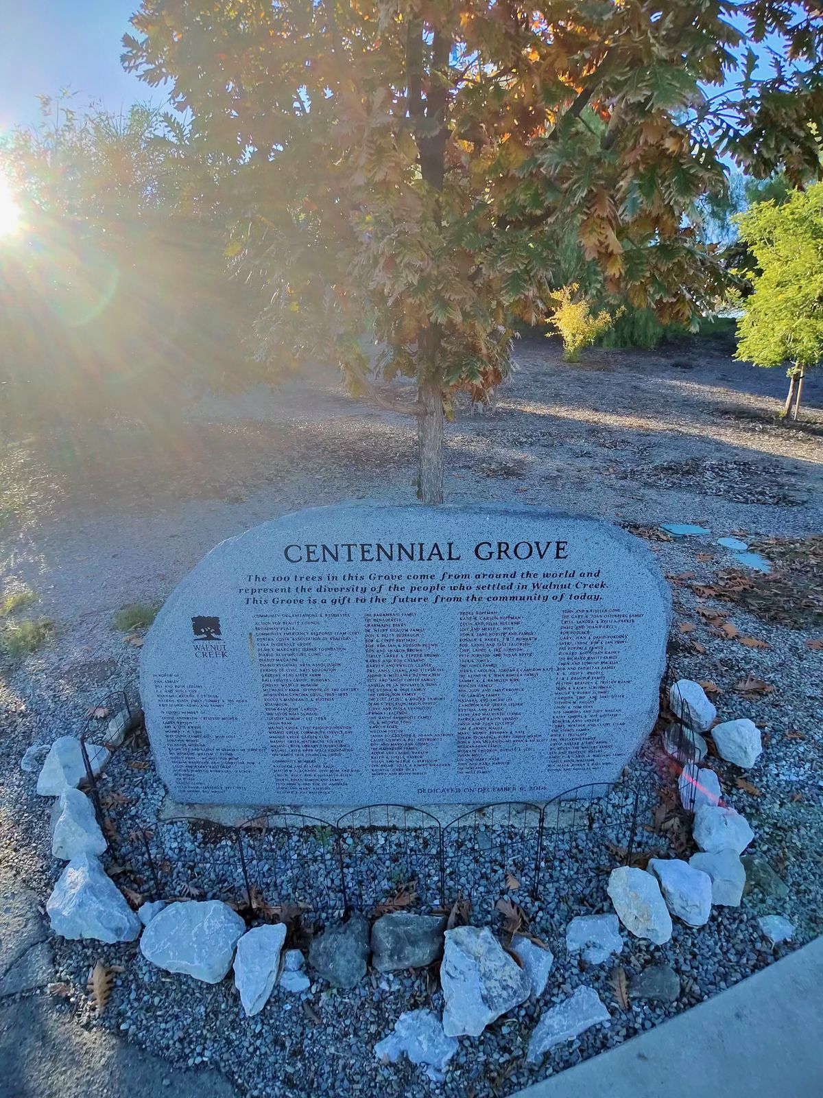 A photo taken with the Oakley Meta Vanguard smart glasses, showing a stone plaque for the Centennial Grove.