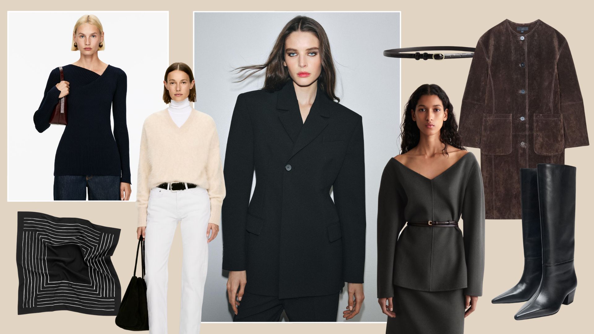 Collage of french fashion items from Zara, Arket, and COS 