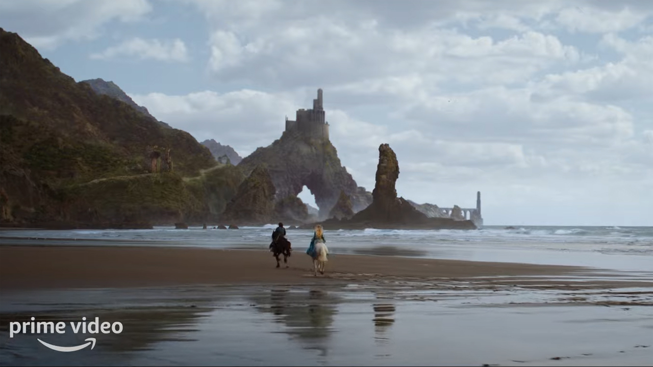 Galadriel and Elendil go horse back riding on a Numenor beach in The Rings of Power