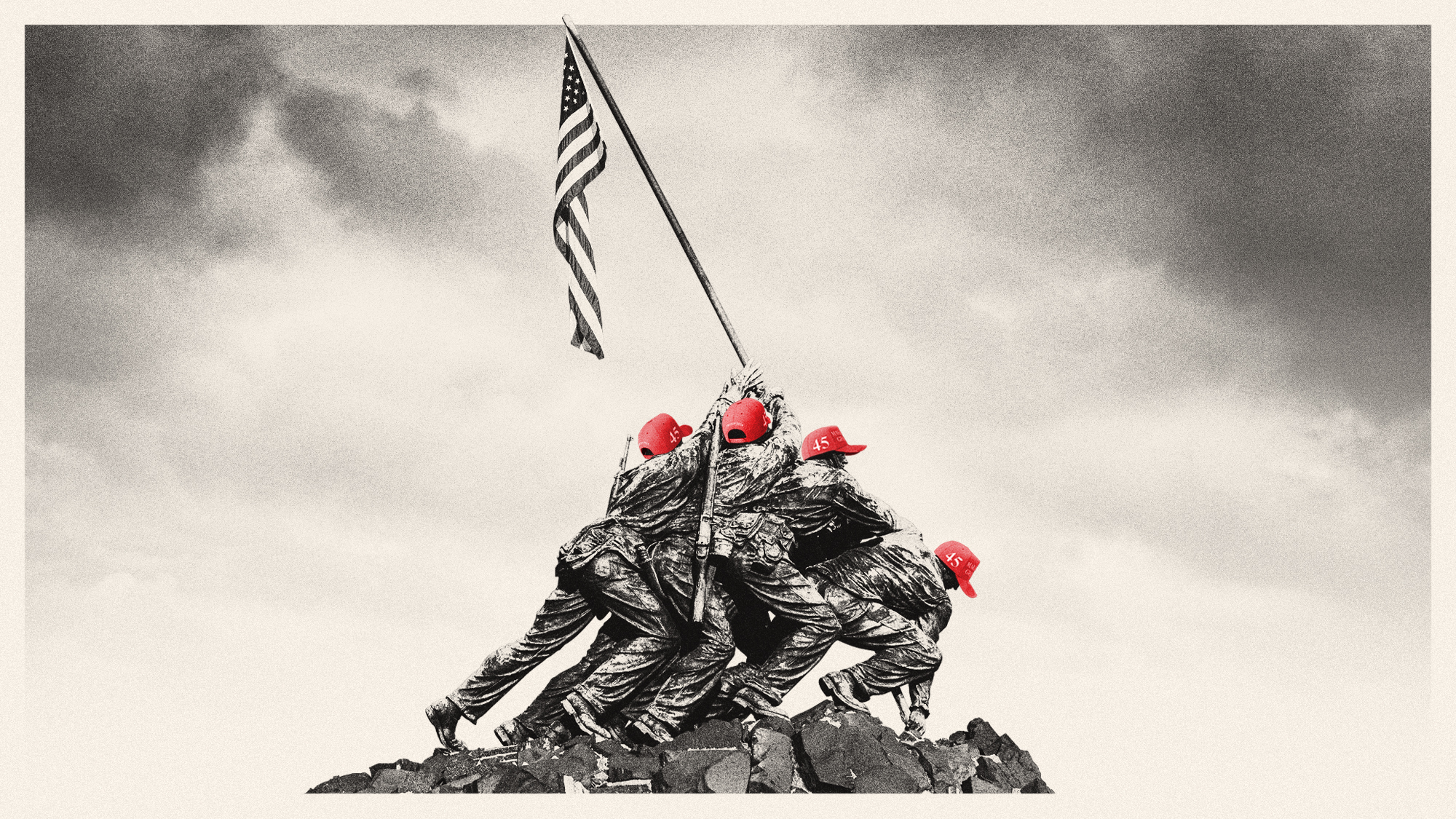 Photo illustration of the Marine Corps War Memorial figures wearing MAGA caps