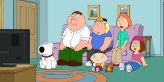 The main characters of Family Guy in their living room.