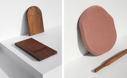Left, two chopping boards in reclaimed teak. Right, an asymmetrically shaped rolling board for making roti bread, made of red agra sandstone and a wooden rolling pin 