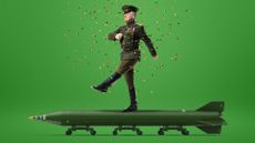 Photo composite illustration of Donald Trump marching in a military parade with a Scud missile and confetti