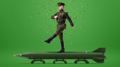 Photo composite illustration of Donald Trump marching in a military parade with a Scud missile and confetti
