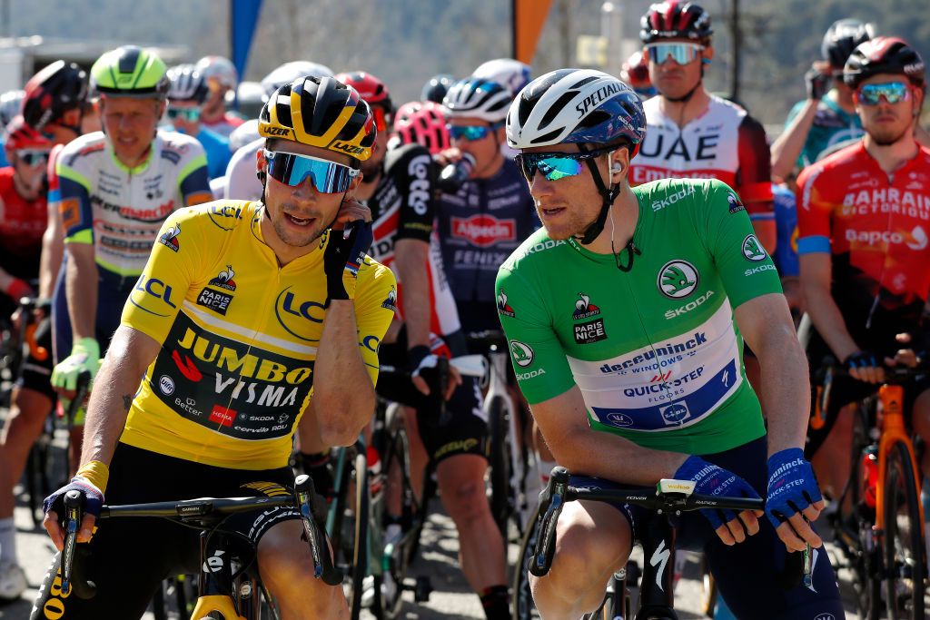 VALDEBLORE LA COLMIANE FRANCE MARCH 13 Start Primoz Roglic of Slovenia and Team Jumbo Visma Yellow leader jersey Sam Bennett of Ireland and Team Deceuninck QuickStep Green sprint jersey during the 79th Paris Nice 2021 Stage 7 a 119km stage from Le Broc to Valdeblore La Colmiane 1501m Stage itinerary redesigned due to COVID19 lockdown imposed in the city of Nice ParisNice on March 13 2021 in Valdeblore La Colmiane France Photo by Bas CzerwinskiGetty Images