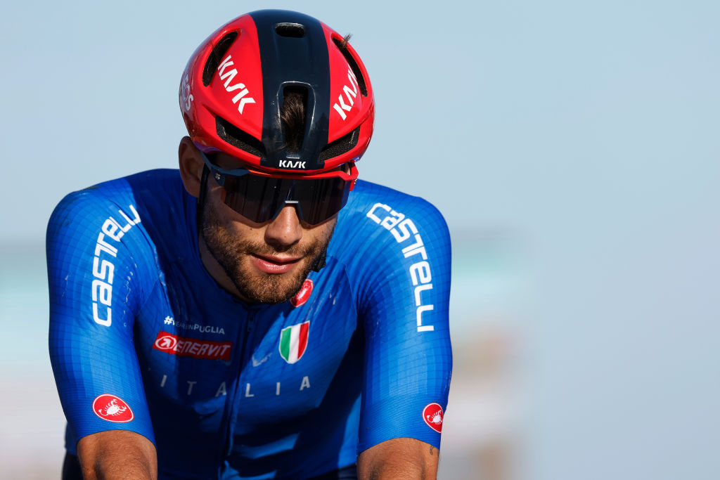COL DU VAM NETHERLANDS SEPTEMBER 24 Filippo Ganna of Italy crosses the finish line during the 29th UEC Road Cycling European Championships 2023 Elite Mens Road Race a 1998km one day race from Assen to Col du VAM UCIWT on September 24 2023 in Col du VAM Netherlands Photo by Bas CzerwinskiGetty Images