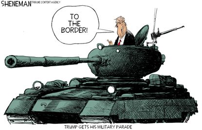 Political cartoon U.S. Trump migrant caravan border military parade
