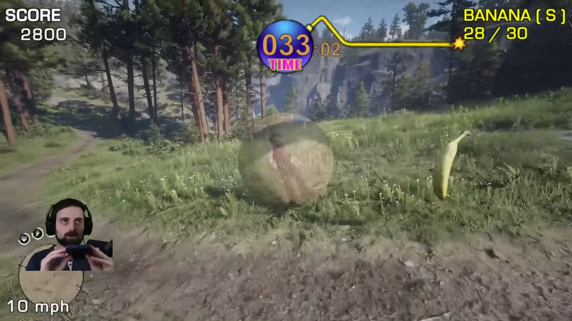 Screenshot of Blurbs rolling Arthur Morgan around in a large orb to collect bananas.