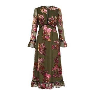 Monsoon lucille khaki green dress with pink floral print