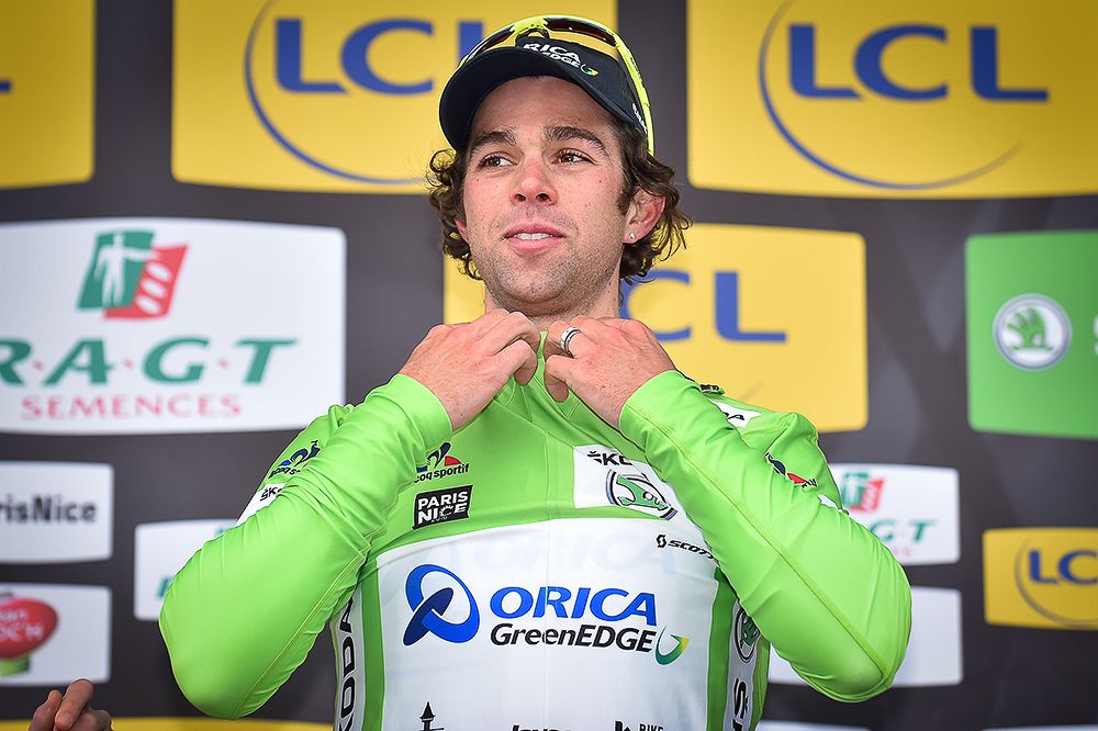 Michael Matthews in green after stage 1 of Paris-Nice.