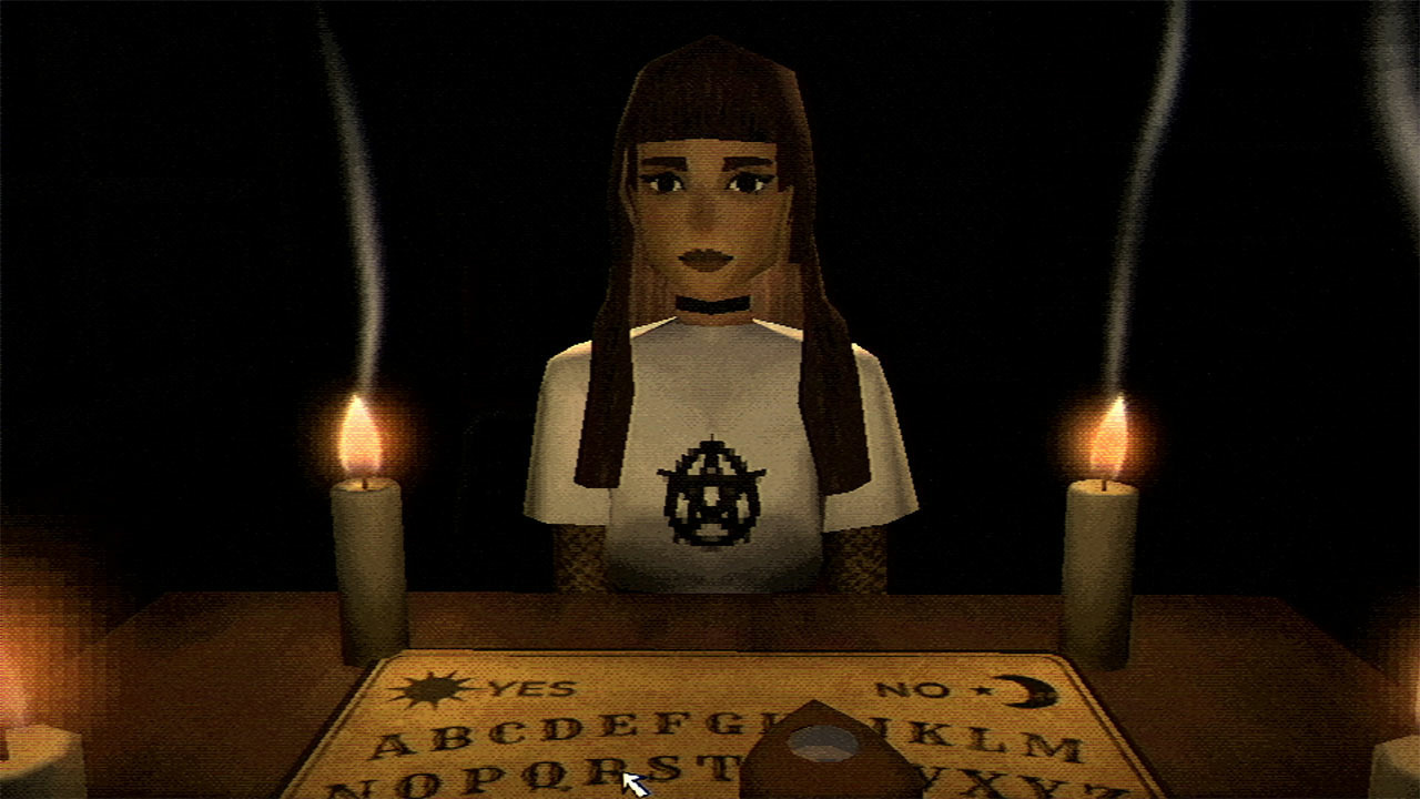 A girl sits in front of a ouija board with two candles either side of her