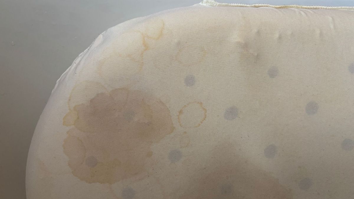 The image shows yellow and brown stains on a memory foam pillow