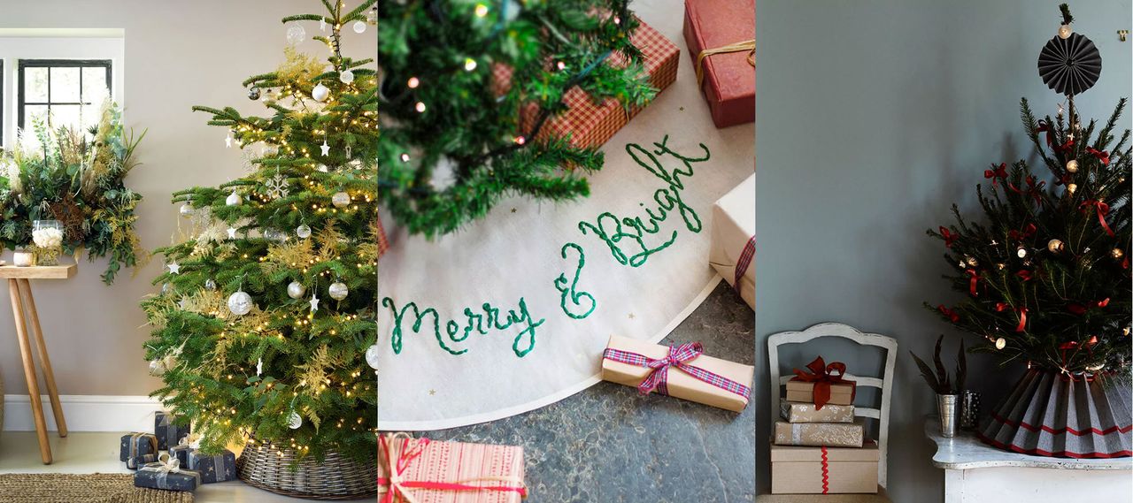 Wicker skirt, embroidered green and white fabric skirt, paper folder skirt. Three examples of Christmas tree skirt ideas