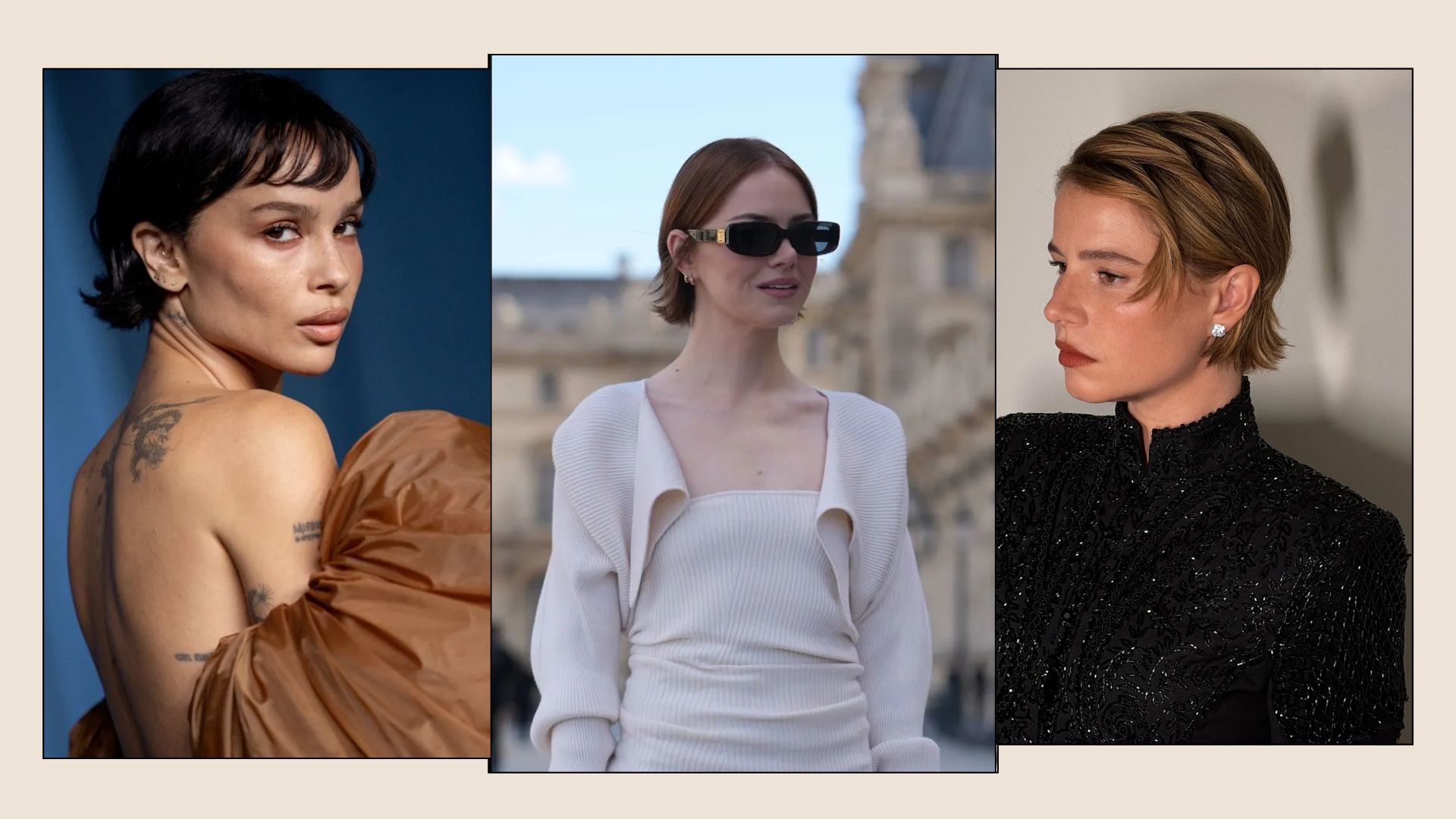 A collage of celebrities including Zoë Kravitz, Emma Stone and Jessie Buckley with a tuft bob hairstyle