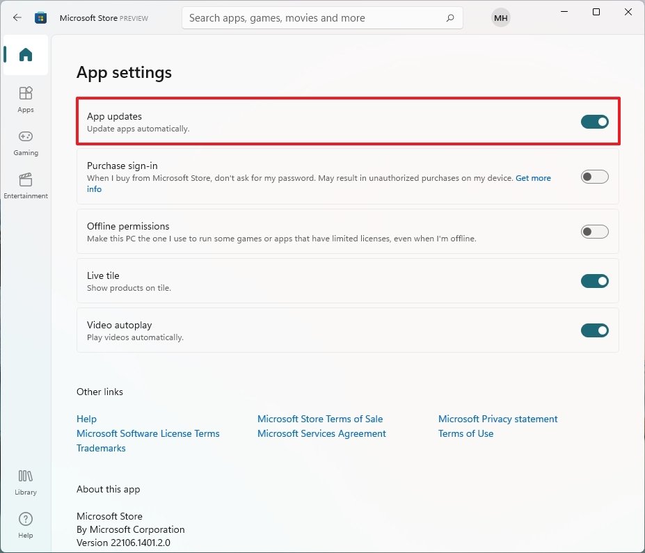 Microsoft Store enable app updates