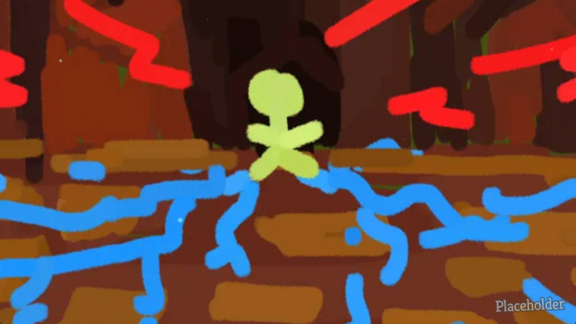 Placeholder art in Slay the Spire 2 shows a stick figure surrounded by blue and red squiggles.