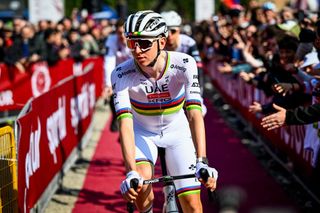 Slovenian Tadej Pogacar of UAE Team Emirates pictured at the start of the men elite 'Strade Bianche' one day cycling race, 213km from and to Siena, Italy on Saturday 08 March 2025. BELGA PHOTO DIRK WAEM (Photo by DIRK WAEM / BELGA MAG / Belga via AFP)