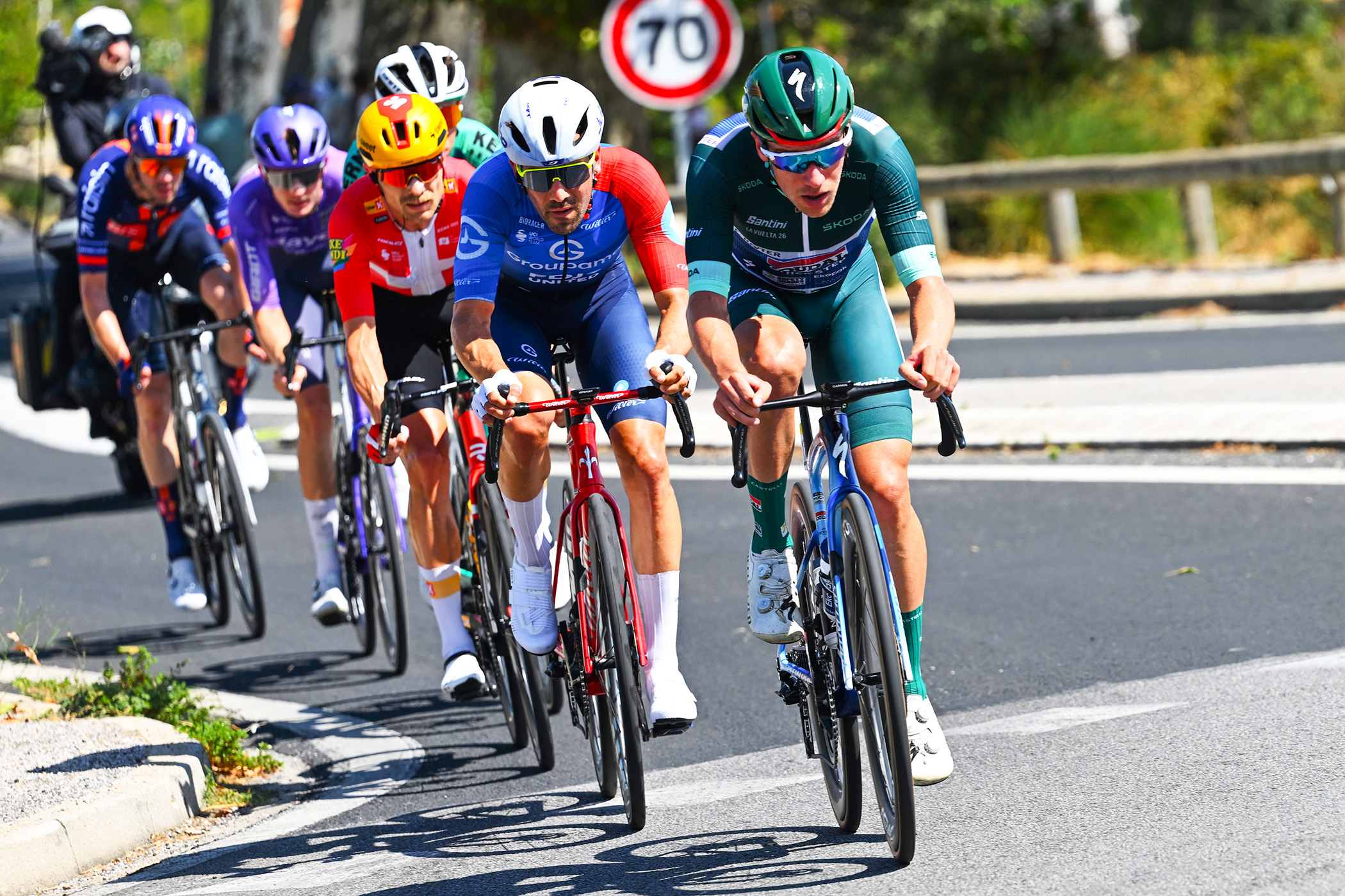 Ethan Hayter in the green jersey leading the breakaway
